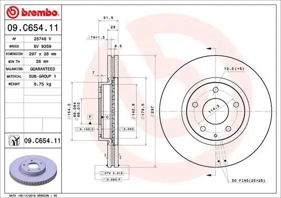 Диск гальмівний MAZDA 6 2.0-2.5 2013-, CX-5 2.0-2.2 2011- передн. (вир-во) BREMBO 09-C654-11 (фото 1)