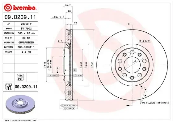 Диск гальмівний передн. (вир-во) BREMBO 09-D209-11 (фото 1)