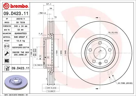 Диск гальмівний VW TOUAREG передн., вент. (вир-во) BREMBO 09-D423-11 (фото 1)