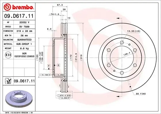 Диск гальмівний передн. (вир-во) BREMBO 09-D617-11 (фото 1)