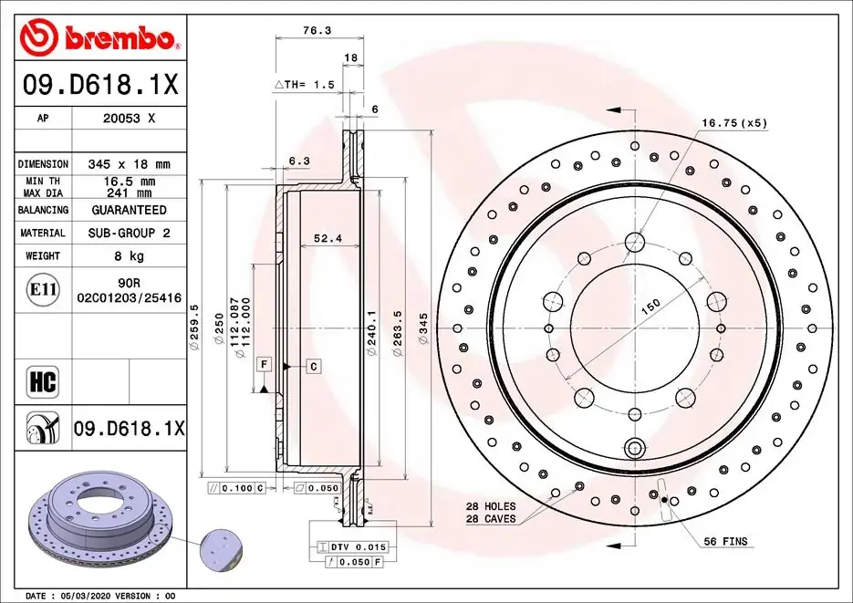 Диск гальмівний задн. (вир-во) BREMBO 09-D618-1X (фото 1)