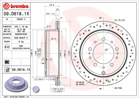 Диск гальмівний задн. (вир-во) BREMBO 09-D618-1X