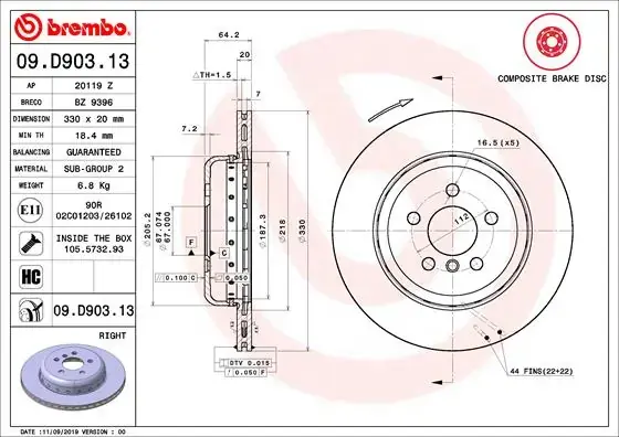 Диск гальмівний BMW 5 G30 задн. прав. (вир-во) BREMBO 09-D903-13 (фото 1)