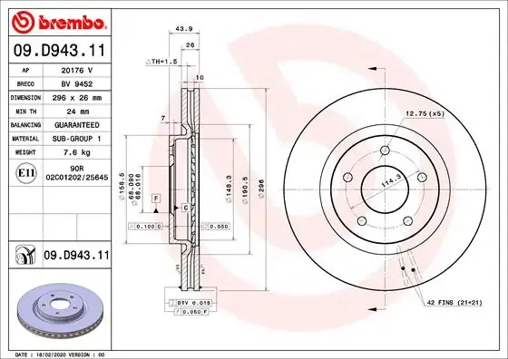 Диск гальмівний NISSAN QASHQAI, X-TRAIL передн. (вир-во) BREMBO 09-D943-11 (фото 1)