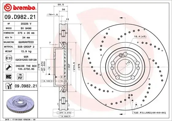 Диск гальмівний передн. (вир-во) BREMBO 09-D982-21 (фото 1)