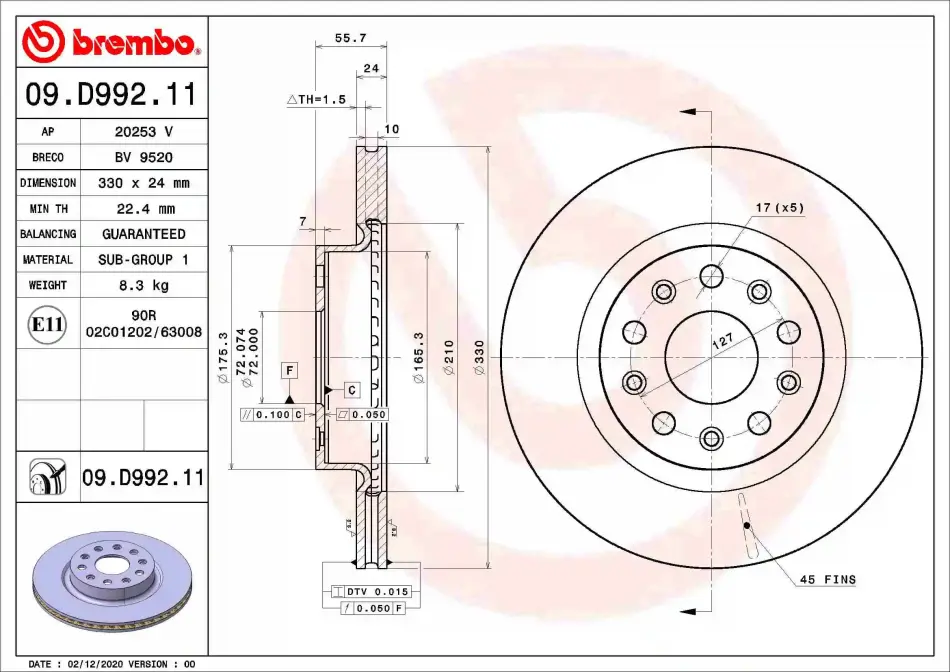 Диск гальмівний передн. (вир-во) BREMBO 09-D992-11 (фото 1)
