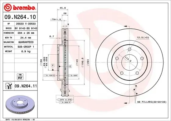Диск гальмівний MITSUBISHI ASX передн. (вир-во) BREMBO 09-N264-11 (фото 1)