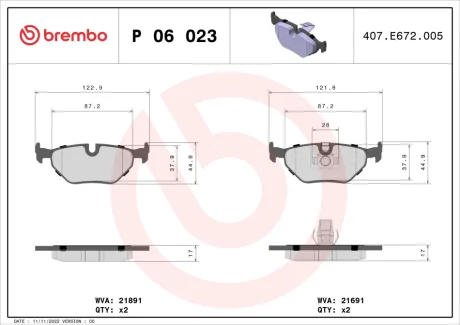 Колодка гальм. диск. BMW 5 (E39) задн. (вир-во) BREMBO P-06-023