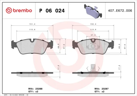 Колодка гальм. диск. BMW 3 (E46) передн. (вир-во) BREMBO P-06-024