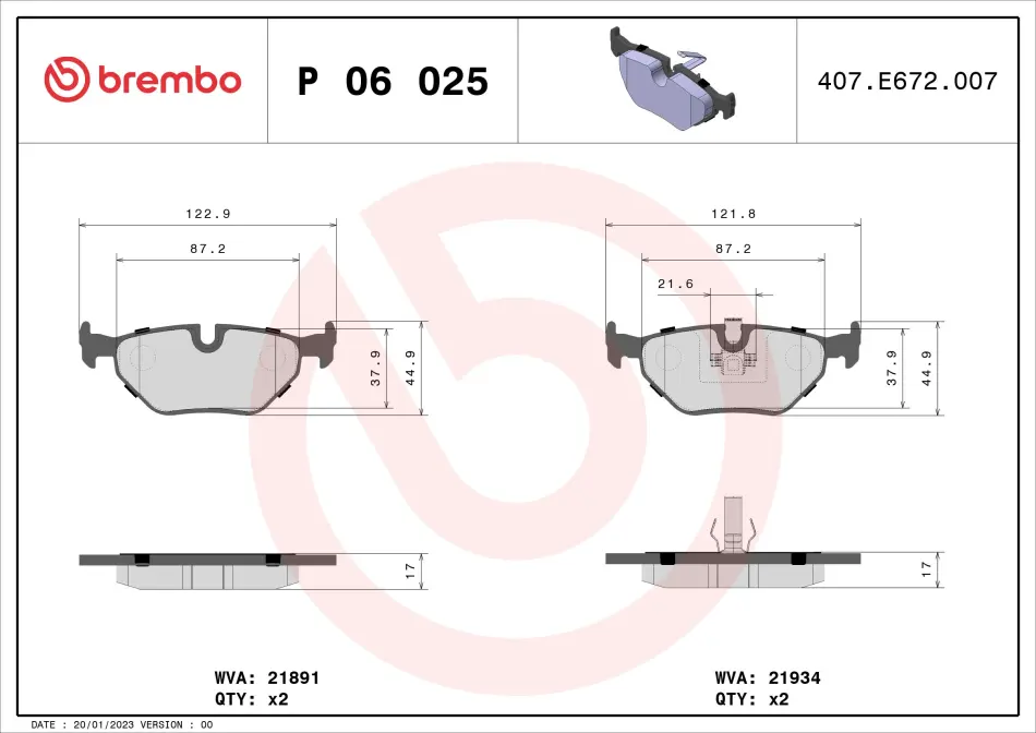 Колодка гальм. диск. BMW 3 (E46) задн. (вир-во) BREMBO P-06-025 (фото 1)
