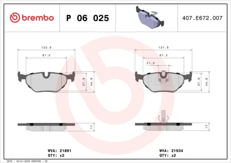 Колодка гальм. диск. BMW 3 (E46) задн. (вир-во) BREMBO P-06-025