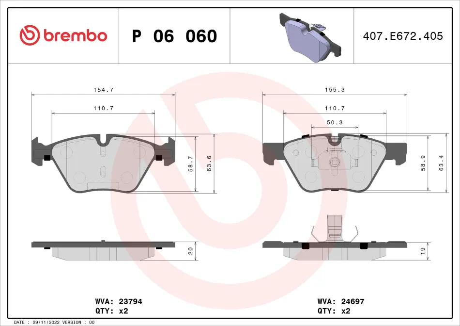 Колодка гальм. диск. BMW 5 передн. (вир-во) BREMBO P-06-060 (фото 1)