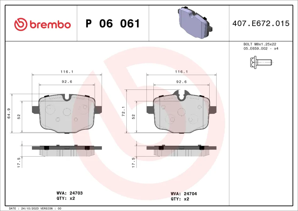 Колодка гальм. диск. BMW 5 (F10,F11) 11-,6 (F12) 640I,650I CABRIO 11- задн. (вир-во) BREMBO P-06-061 (фото 1)
