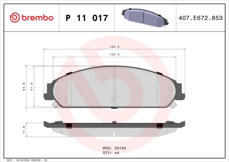 Колодка гальм. диск. CHRYSLER передн. (вир-во) BREMBO P-11-017