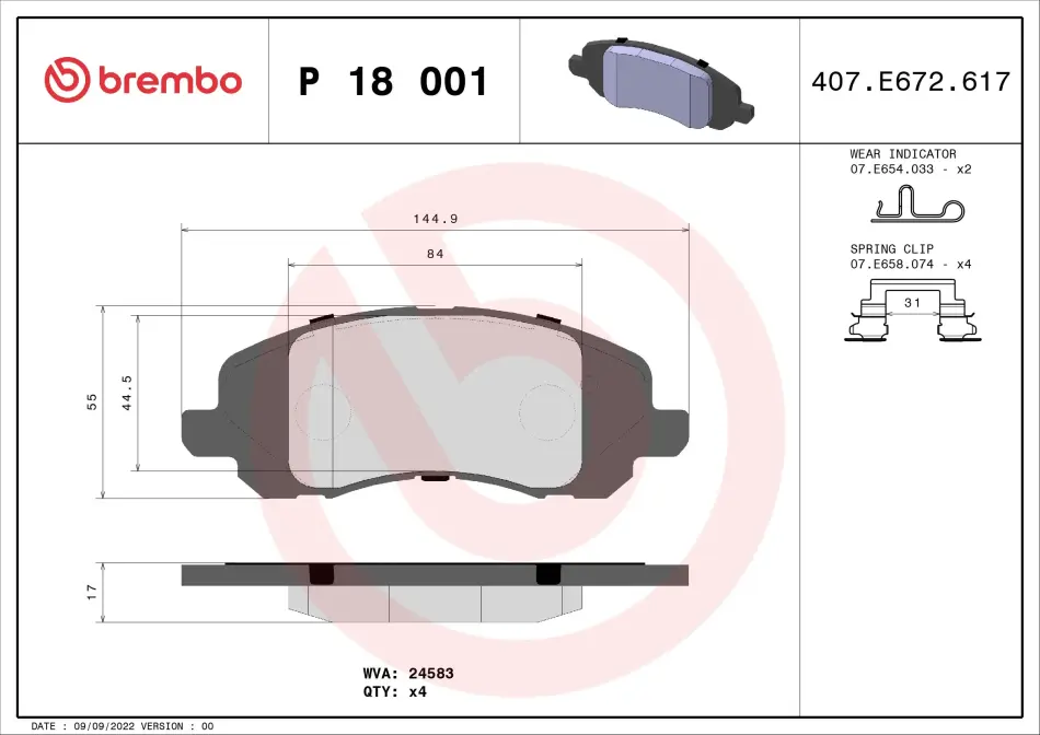 Колодка гальм. диск. MITSUBISHI OUTLANDER передн. (вир-во) BREMBO P-18-001 (фото 1)