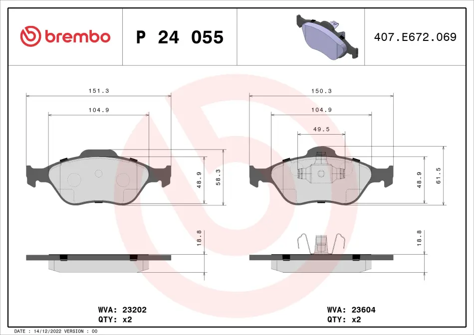 Колодка гальм. диск. FORD FIESTA, FUSION, MAZDA 2 передн. (вир-во) BREMBO P-24-055 (фото 1)