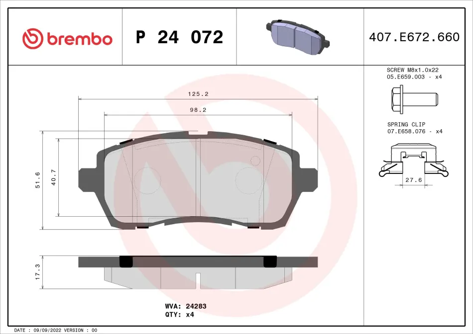 Колодка гальм. диск. FORD FIESTA VI передн. (вир-во) BREMBO P-24-072 (фото 1)