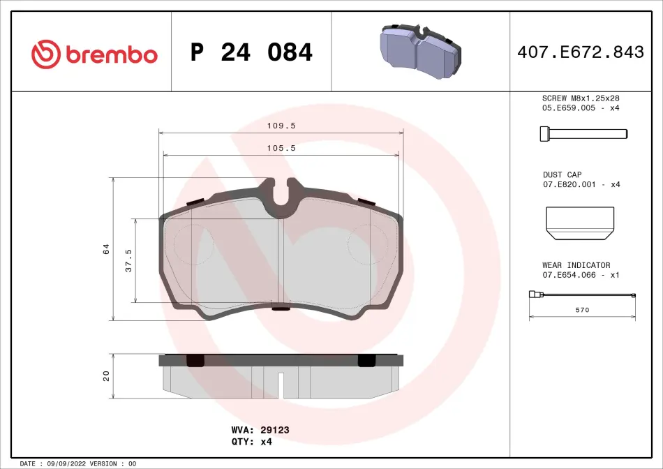 Колодка гальм. диск. FORD TRANSIT 2.2 2.4 07/06- задн. (вир-во) BREMBO P-24-084 (фото 1)