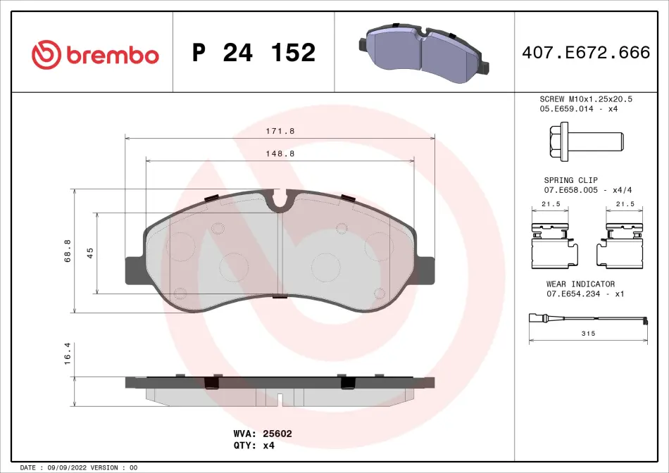 Колодка гальм. диск. FORD TOURNEO CUSTOM 2.2TDCI 2012 - передн. (вир-во) BREMBO P-24-152 (фото 1)