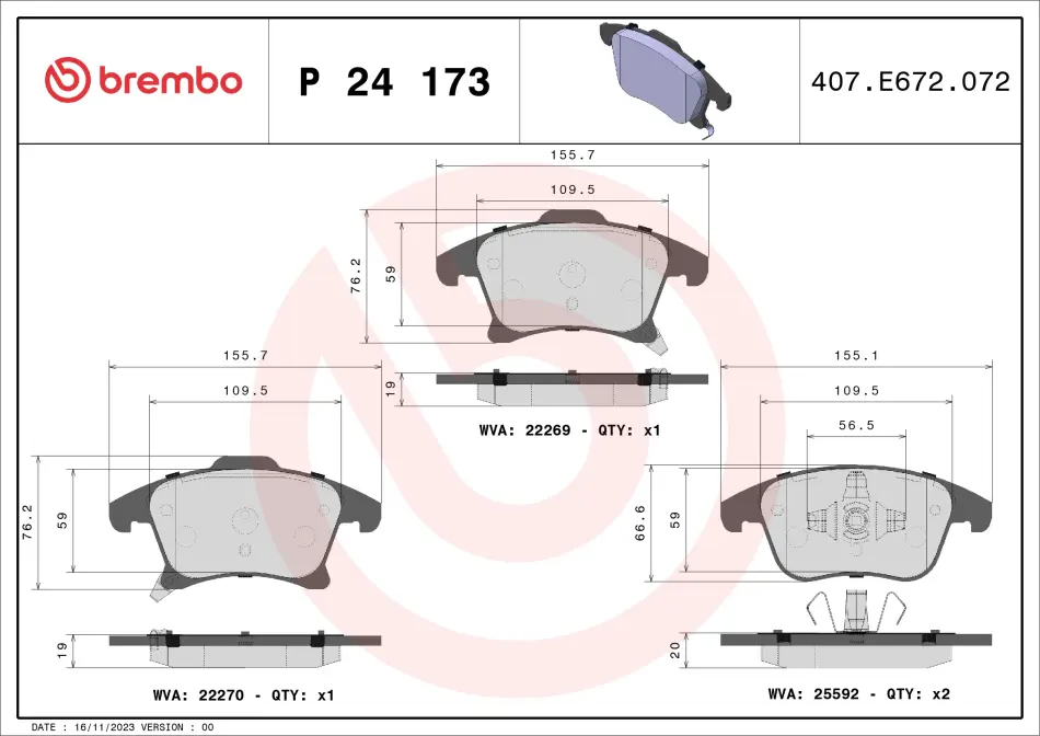 Колодка гальм. диск. FORD MONDEO V (09/14-) передн. (вир-во) BREMBO P-24-173 (фото 1)