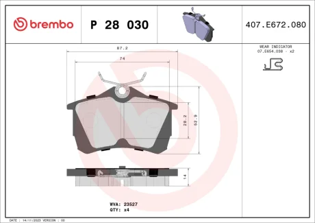 Колодка гальм. диск. HONDA ACCORD задн. (вир-во) BREMBO P-28-030