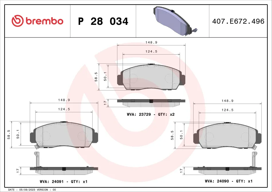 Колодка гальм. диск. HONDA CIVIC, FR-V передн. (вир-во) BREMBO P-28-034 (фото 1)