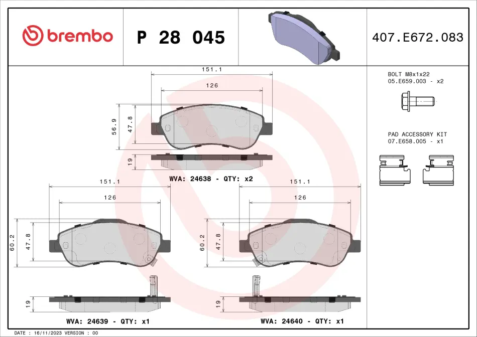 Колодка гальм. диск. HONDA CR-V III передн. (вир-во) BREMBO P-28-045 (фото 1)