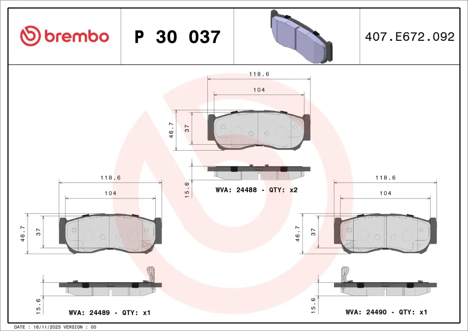 Колодка гальм. диск. HYUNDAI SANTA FE, задн. (вир-во) BREMBO P-30-037 (фото 1)