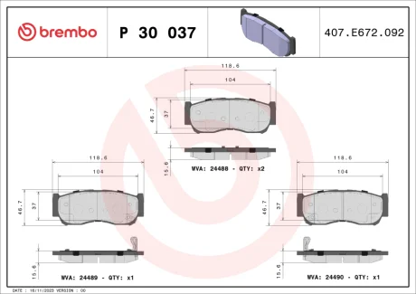 Колодка гальм. диск. HYUNDAI SANTA FE, задн. (вир-во) BREMBO P-30-037