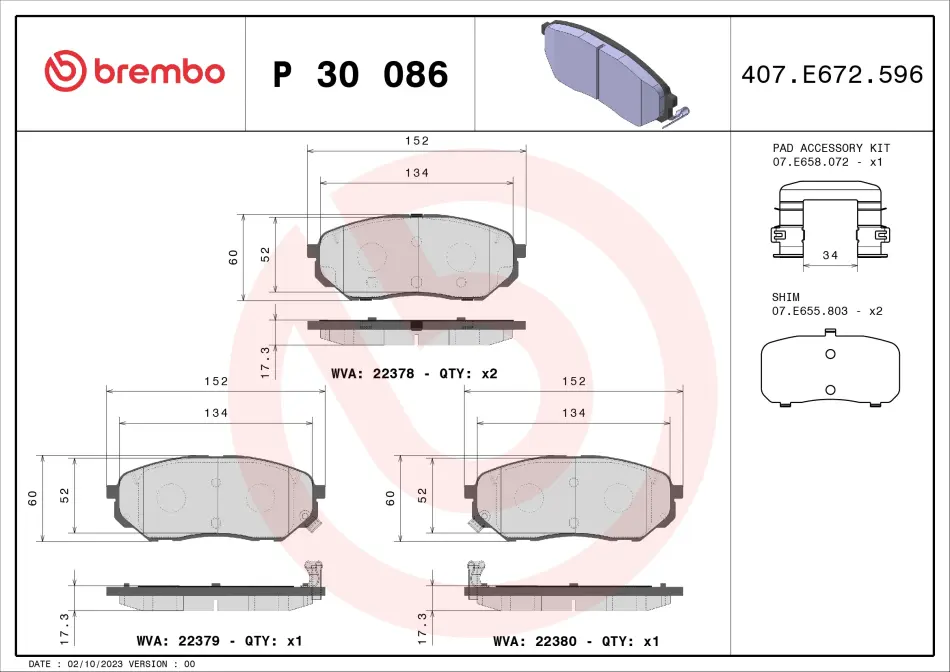 Колодка гальм. диск. передн. (вир-во) BREMBO P-30-086 (фото 1)