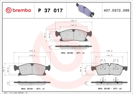 Колодка гальм. диск. JEEP GRAND CHEROKEE 2011-18 WHEELS передн. (вир-во) BREMBO P-37-017