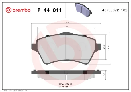 Колодка гальм. диск. LAND ROVER FREELANDER 02.1998 - передн. (вир-во) BREMBO P-44-011