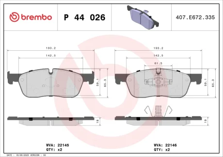 Колодка гальм. диск. LAND ROVER Discovery Sport, RANGE ROVER EVOQUE передн. (вир-во) BREMBO P-44-026