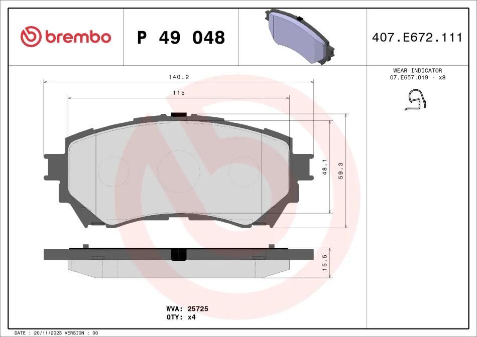 Колодка гальм. диск. MAZDA 6 2.0 2.2D 2.5 2013 - передн. (вир-во) BREMBO P-49-048 (фото 1)