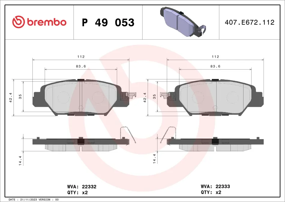 Колодка гальм. диск. MAZDA CX-5 задн. (вир-во) BREMBO P-49-053 (фото 1)