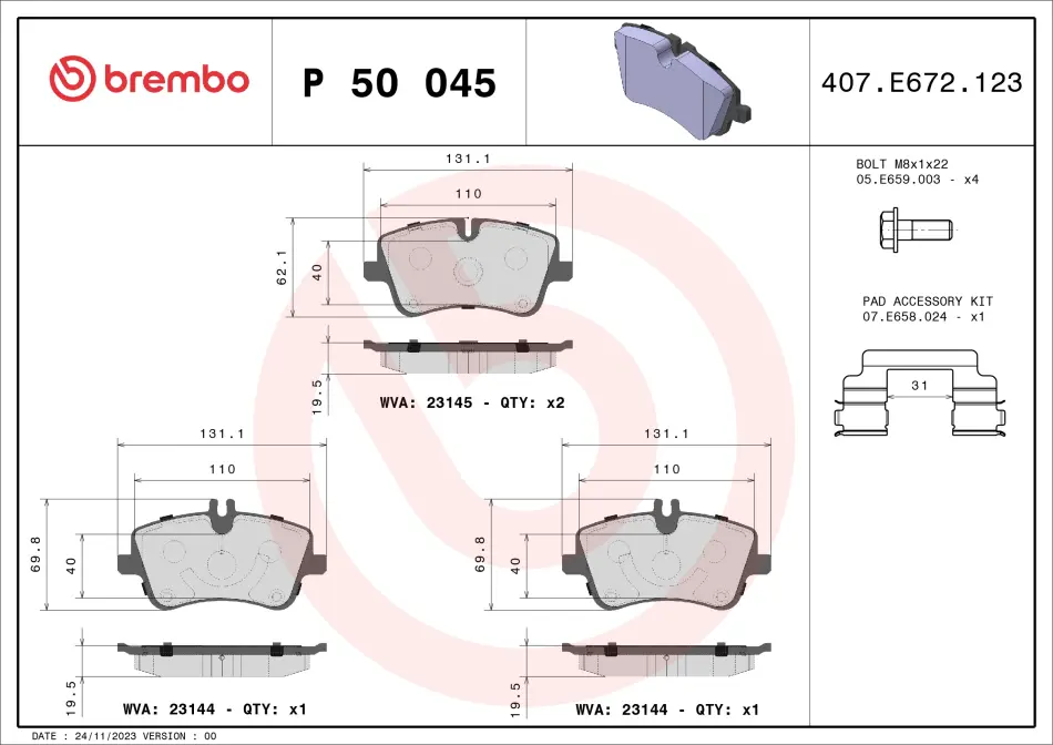 Колодка гальм. диск. MB C-CLASS (W203) передн. (вир-во) BREMBO P-50-045 (фото 1)