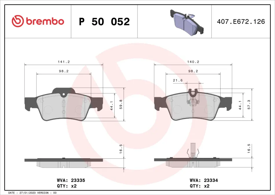 Колодка гальм. диск. MB C-CLASS (W203, S203), CLS (C219), E-CLASS задн. (вир-во) BREMBO P-50-052 (фото 1)