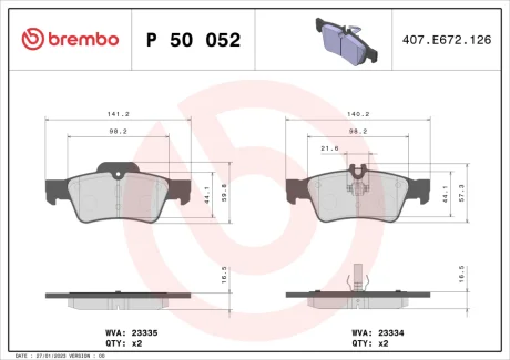 Колодка гальм. диск. MB C-CLASS (W203, S203), CLS (C219), E-CLASS задн. (вир-во) BREMBO P-50-052