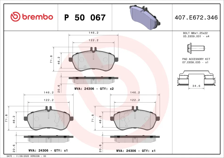 Колодка гальм. диск. MB C-CLASS передн. (вир-во) BREMBO P-50-067 (фото 1)