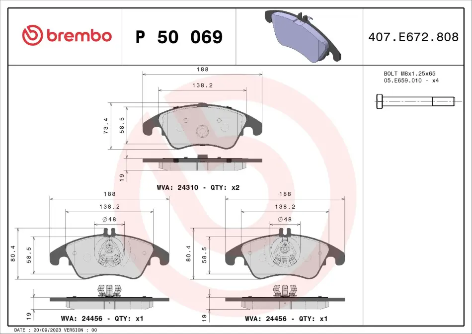 Колодка гальм. диск. MB C-CLASS (W 204) 200-350 07-, E-CLASS (W212) 200-350 08 - передн. (вир-во BRE BREMBO P-50-069 (фото 1)