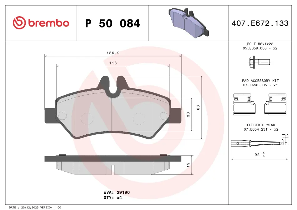 Колодка гальм. диск. MB SPRINTER задн. (вир-во) BREMBO P-50-084 (фото 1)