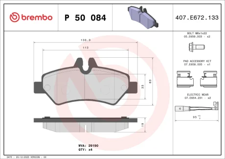 Колодка гальм. диск. MB SPRINTER задн. (вир-во) BREMBO P-50-084