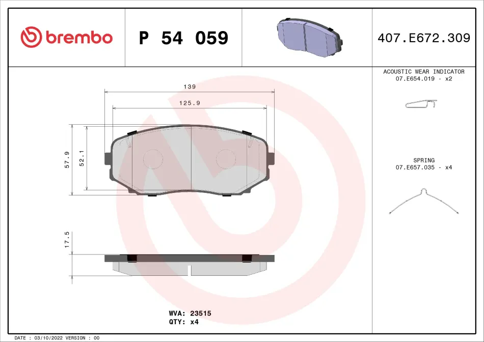 Колодка гальм. диск. MAZDA CX-7 передн. (вир-во) BREMBO P-54-059 (фото 1)
