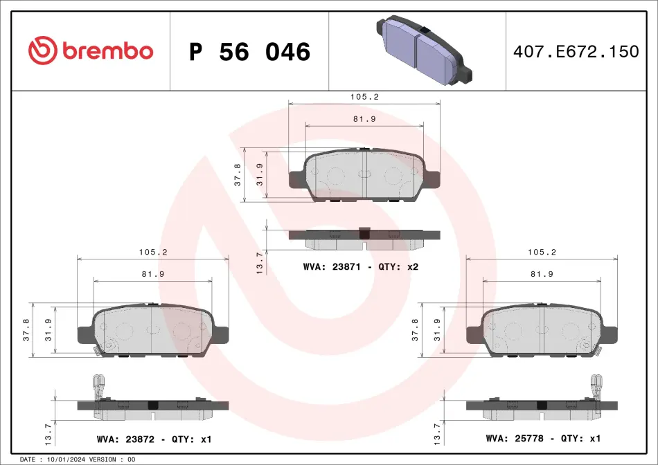 Колодка гальм. диск. INFINITI FX, NISSAN X-TRAIL (T30) задн. (вир-во) BREMBO P-56-046 (фото 1)