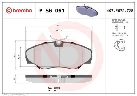 Колодка гальм. диск. OPEL VIVARO 01-, RENAULT TRAFIC 01- передн. (вир-во) BREMBO P-56-061