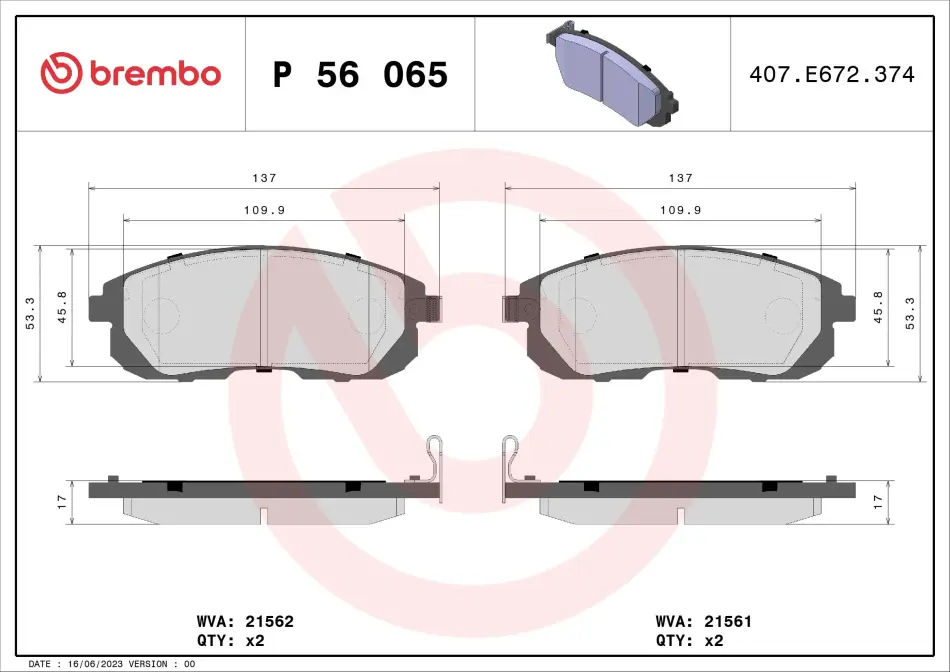 Колодка гальм. диск. NISSAN CUBE 1.5DCI 10-,TIIDA 1.5DCI-1.8 07-передн. (вир-во) BREMBO P-56-065 (фото 1)