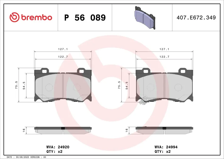 Колодка гальм. диск. NISSAN 370Z 3.7 06.09-,370Z ROADSTER 3.7 01/10 - передн. (вир-во) BREMBO P-56-089 (фото 1)
