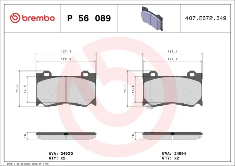 Колодка гальм. диск. NISSAN 370Z 3.7 06.09-,370Z ROADSTER 3.7 01/10 - передн. (вир-во) BREMBO P-56-089