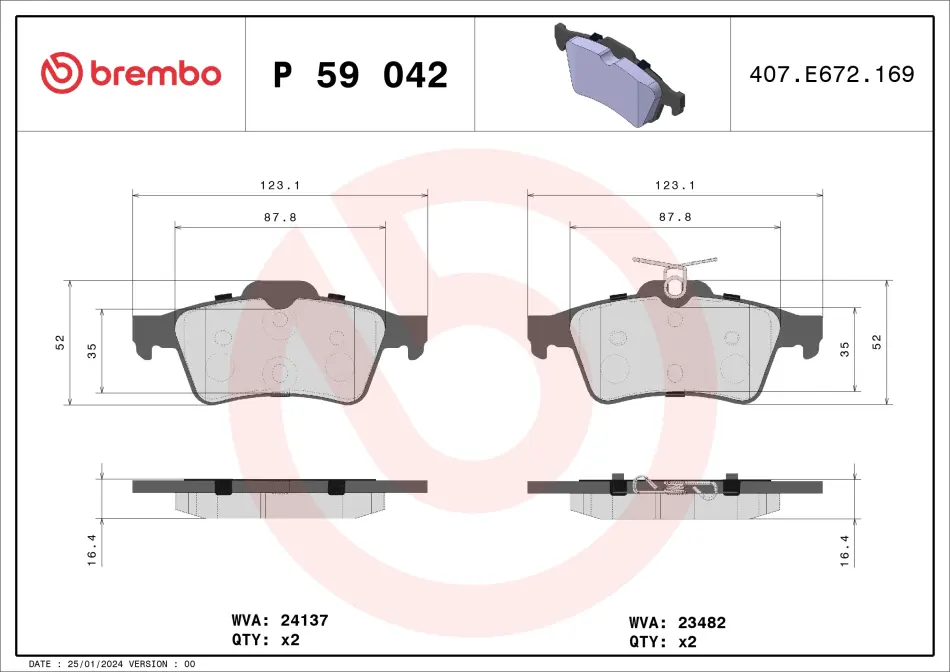 Колодка гальм. диск. FORD FOCUS MAZDA 3,5 OPEL VECTRA C, RENAULT LAGUNA задн. (вир-во) BREMBO P-59-042 (фото 1)