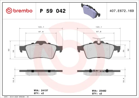 Колодка гальм. диск. FORD FOCUS MAZDA 3,5 OPEL VECTRA C, RENAULT LAGUNA задн. (вир-во) BREMBO P-59-042